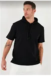 Erkek Kapüşonlu Tişört Kısa Kol Düz Oversize T-shirt - Siyah
