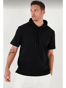 Erkek Kapüşonlu Tişört Kısa Kol Düz Oversize T-shirt - Siyah