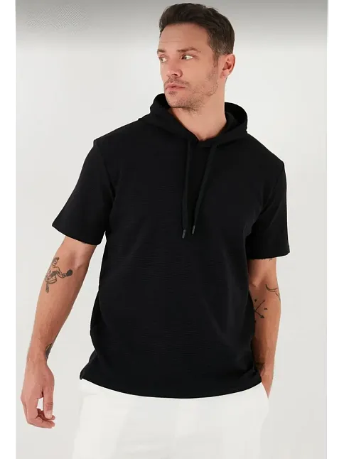 Erkek Kapüşonlu Tişört Kısa Kol Düz Oversize T-shirt - Siyah