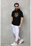 Erkek Kapüşonlu Kısa Kol Oversize Baskılı T-shirt - Siyah