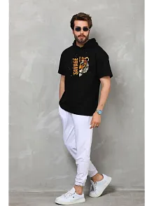 Erkek Kapüşonlu Kısa Kol Oversize Baskılı T-shirt - Siyah