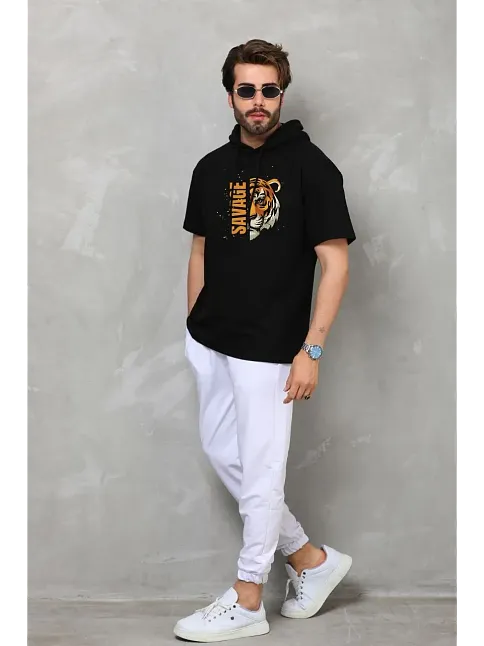 Erkek Kapüşonlu Kısa Kol Oversize Baskılı T-shirt - Siyah