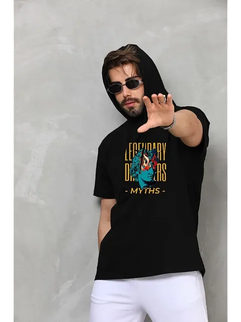Erkek Kapüşonlu Kolsuz Oversize Baskılı Tişört - Siyah