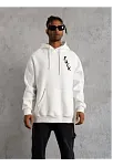 Erkek 3 İplik Pamuklu Kapüşonlu Baskılı Cepli Oversize Sweatshirt Hoodie - Beyaz