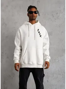 Erkek 3 İplik Pamuklu Kapüşonlu Baskılı Cepli Oversize Sweatshirt Hoodie - Beyaz