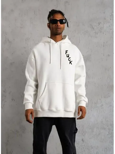 Erkek 3 İplik Pamuklu Kapüşonlu Baskılı Cepli Oversize Sweatshirt Hoodie - Beyaz