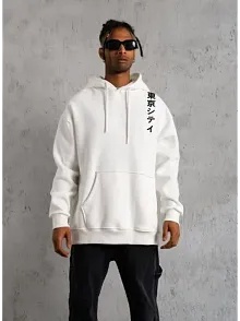 Erkek 3 İplik Pamuklu Kapüşonlu Baskılı Cepli Oversize Sweatshirt Hoodie - Beyaz