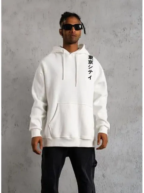 Erkek 3 İplik Pamuklu Kapüşonlu Baskılı Cepli Oversize Sweatshirt Hoodie - Beyaz