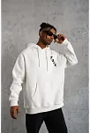 Erkek 3 İplik Pamuklu Kapüşonlu Baskılı Cepli Oversize Sweatshirt Hoodie - Beyaz