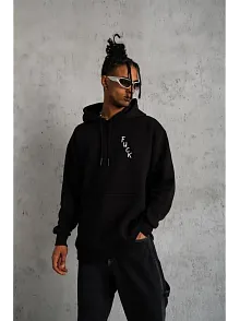 Erkek 3 İplik Pamuklu Kapüşonlu Baskılı Cepli Oversize Sweatshirt Hoodie - Siyah