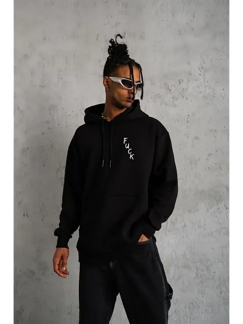 Erkek 3 İplik Pamuklu Kapüşonlu Baskılı Cepli Oversize Sweatshirt Hoodie - Siyah