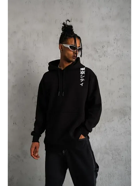 Erkek 3 İplik Pamuklu Kapüşonlu Baskılı Cepli Oversize Sweatshirt Hoodie - Siyah