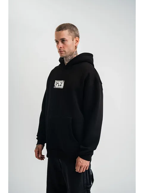 Erkek 3 İplik Pamuklu Kapüşonlu Patchli Nakışlı Hoodie Sweatshirt - Siyah