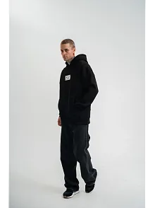 Erkek 3 İplik Pamuklu Kapüşonlu Patchli Nakışlı Hoodie Sweatshirt - Siyah