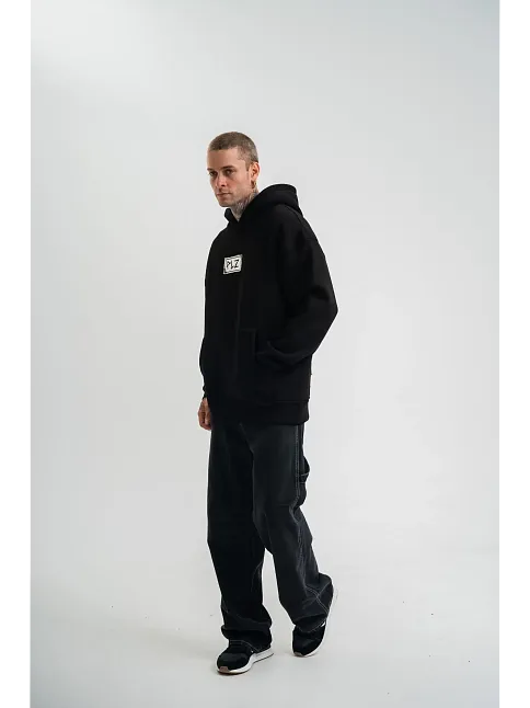 Erkek 3 İplik Pamuklu Kapüşonlu Patchli Nakışlı Hoodie Sweatshirt - Siyah