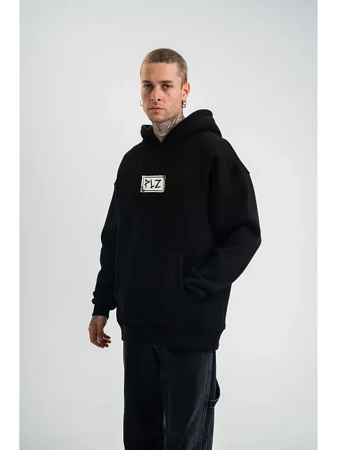Erkek 3 İplik Pamuklu Kapüşonlu Patchli Nakışlı Hoodie Sweatshirt - Siyah
