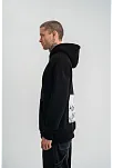 Erkek 3 İplik Pamuklu Kapüşonlu Patchli Nakışlı Hoodie Sweatshirt - Siyah