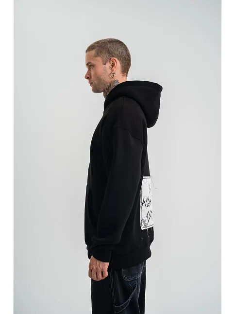 Erkek 3 İplik Pamuklu Kapüşonlu Patchli Nakışlı Hoodie Sweatshirt - Siyah