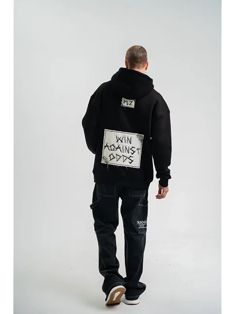 Erkek 3 İplik Pamuklu Kapüşonlu Patchli Nakışlı Hoodie Sweatshirt - Siyah