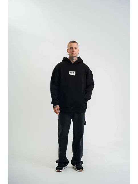 Erkek 3 İplik Pamuklu Kapüşonlu Patchli Nakışlı Hoodie Sweatshirt - Siyah