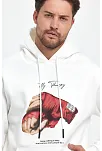 Erkek 3 İplik Pamuklu Kapüşonlu Cepli Box Eldiven Baskılı Hoodie Sweatshirt - Beyaz