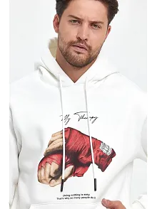 Erkek 3 İplik Pamuklu Kapüşonlu Cepli Box Eldiven Baskılı Hoodie Sweatshirt - Beyaz