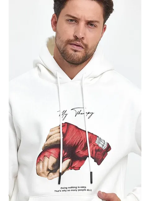 Erkek 3 İplik Pamuklu Kapüşonlu Cepli Box Eldiven Baskılı Hoodie Sweatshirt - Beyaz
