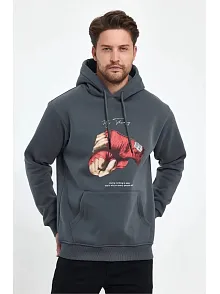 Erkek 3 İplik Pamuklu Kapüşonlu Cepli Boks Eldiven Baskılı Hoodie Sweatshirt - Füme