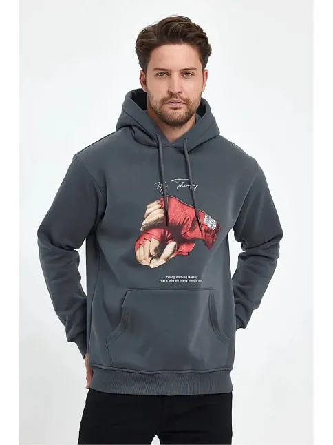 Erkek 3 İplik Pamuklu Kapüşonlu Cepli Boks Eldiven Baskılı Hoodie Sweatshirt - Füme