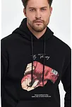 Erkek 3 İplik Pamuklu Kapüşonlu Cepli Boxy Eldiven Baskılı Hoodie Sweatshirt - Siyah