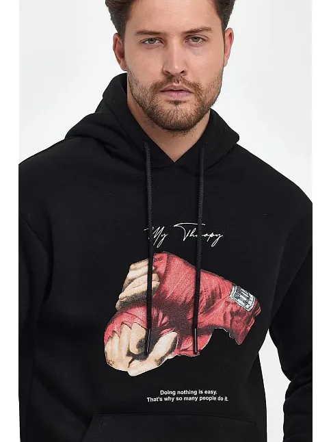 Erkek 3 İplik Pamuklu Kapüşonlu Cepli Boxy Eldiven Baskılı Hoodie Sweatshirt - Siyah
