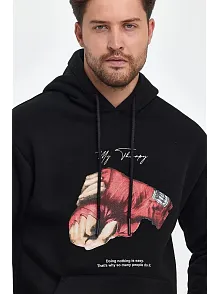 Erkek 3 İplik Pamuklu Kapüşonlu Cepli Boxy Eldiven Baskılı Hoodie Sweatshirt - Siyah