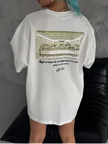 Kadın Baskılı T-shirt Kısa Kol Bisiklet Yaka Oversize Rahat Kalıp Günlük Tişört - Beyaz