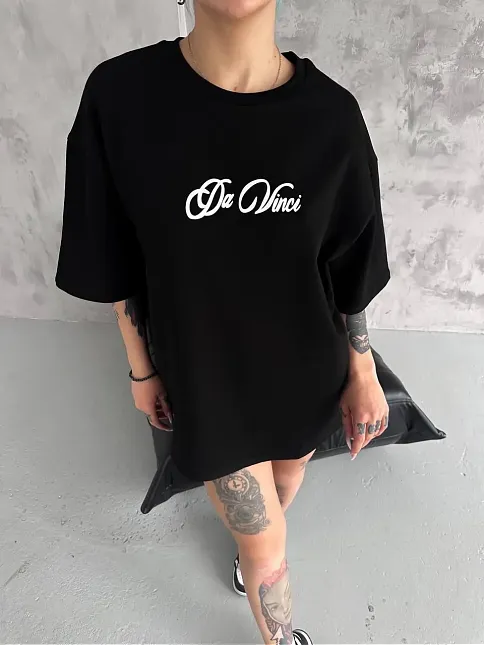 Kadın Baskılı T-shirt Kısa Kol Bisiklet Yaka Oversize Rahat Kalıp Günlük Tişört - Siyah
