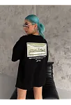 Kadın Baskılı T-shirt Kısa Kol Bisiklet Yaka Oversize Rahat Kalıp Günlük Tişört - Siyah