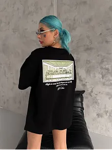 Kadın Baskılı T-shirt Kısa Kol Bisiklet Yaka Oversize Rahat Kalıp Günlük Tişört - Siyah