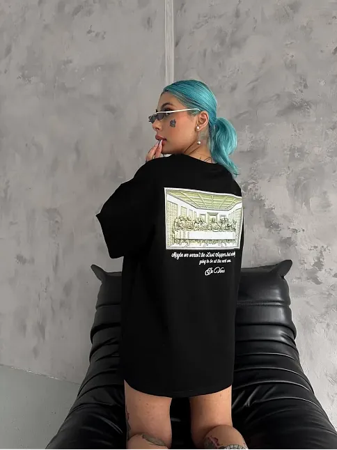 Kadın Baskılı T-shirt Kısa Kol Bisiklet Yaka Oversize Rahat Kalıp Günlük Tişört - Siyah