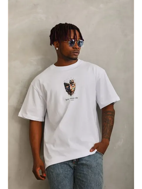Erkek Baskılı T-shirt Kısa Kol Bisiklet Yaka Regular Fit Rahat Kalıp Günlük Tişört - Beyaz