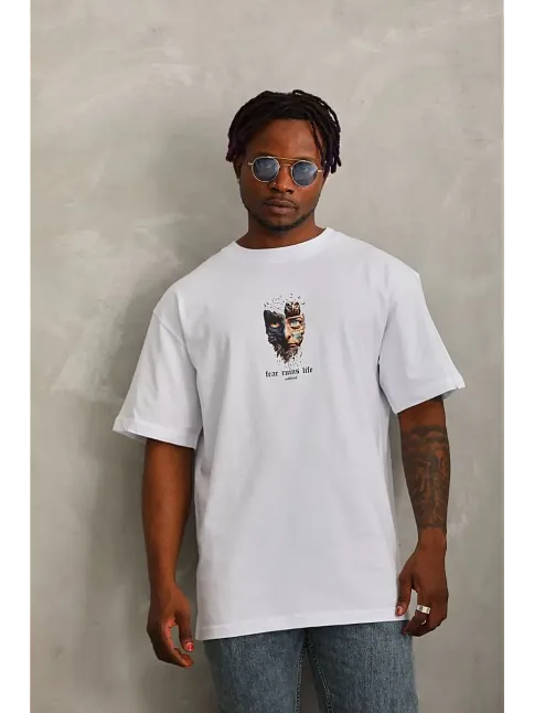 Erkek Baskılı T-shirt Kısa Kol Bisiklet Yaka Regular Fit Rahat Kalıp Günlük Tişört - Beyaz