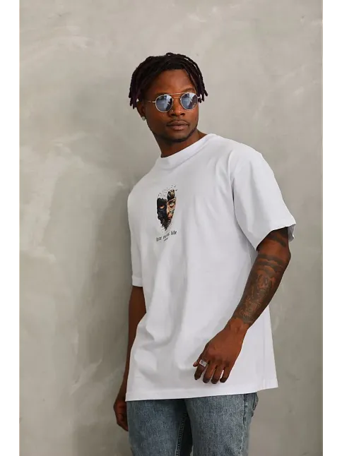 Erkek Baskılı T-shirt Kısa Kol Bisiklet Yaka Regular Fit Rahat Kalıp Günlük Tişört - Beyaz