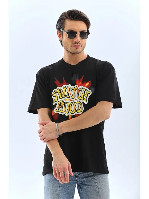 Erkek Kısa Kol Yazlık Tişört Bisiklet Yaka Baskılı Oversize T-shirt - Siyah