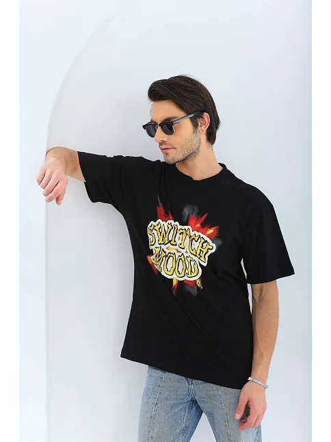 Erkek Kısa Kol Yazlık Tişört Bisiklet Yaka Baskılı Oversize T-shirt - Siyah