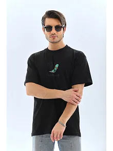 Erkek Kısa Kol Yazlık Tişört Bisiklet Yaka Baskılı Oversize T-shirt - Siyah