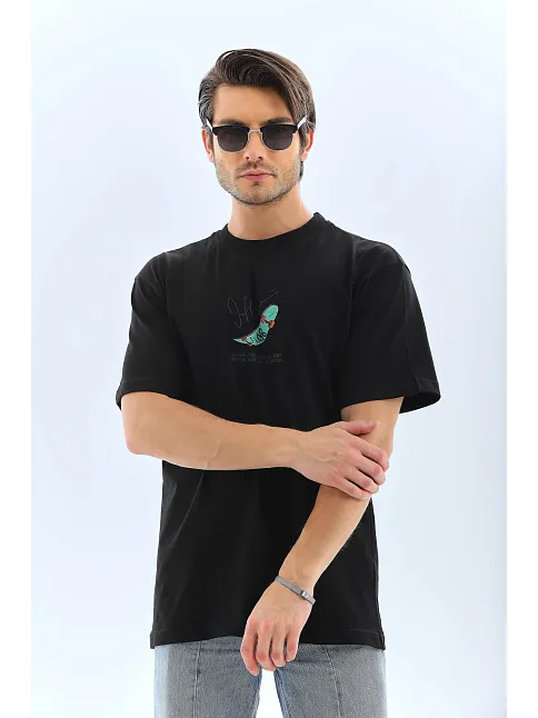 Erkek Kısa Kol Yazlık Tişört Bisiklet Yaka Baskılı Oversize T-shirt - Siyah