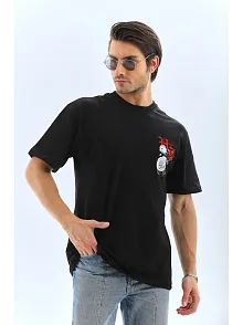 Erkek Baskılı T-shirt Kısa Kol Bisiklet Yaka Rahat Kalıp Tişört  - Siyah
