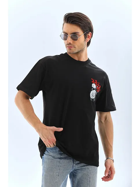 Erkek Baskılı T-shirt Kısa Kol Bisiklet Yaka Rahat Kalıp Tişört  - Siyah