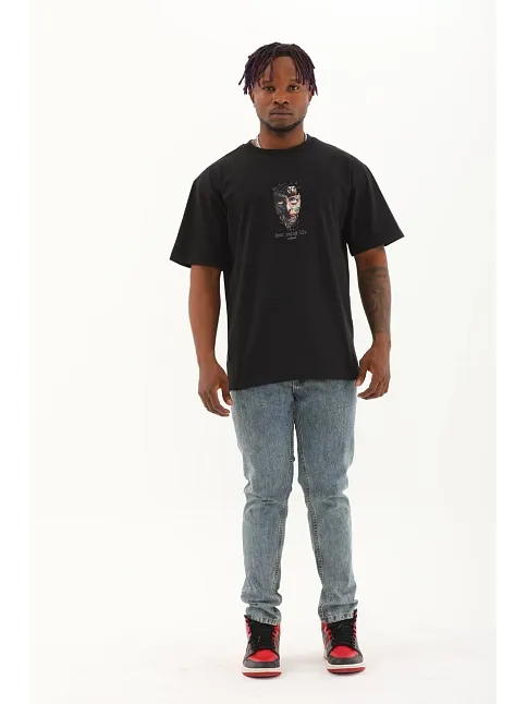 Erkek Baskılı T-shirt Kısa Kol Bisiklet Yaka Regular Fit Rahat Kalıp Günlük Tişört - Siyah