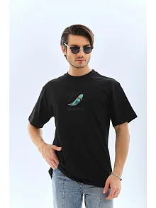 Erkek Kısa Kol Yazlık Tişört Bisiklet Yaka Baskılı Oversize T-shirt - Siyah