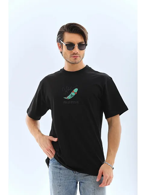 Erkek Kısa Kol Yazlık Tişört Bisiklet Yaka Baskılı Oversize T-shirt - Siyah