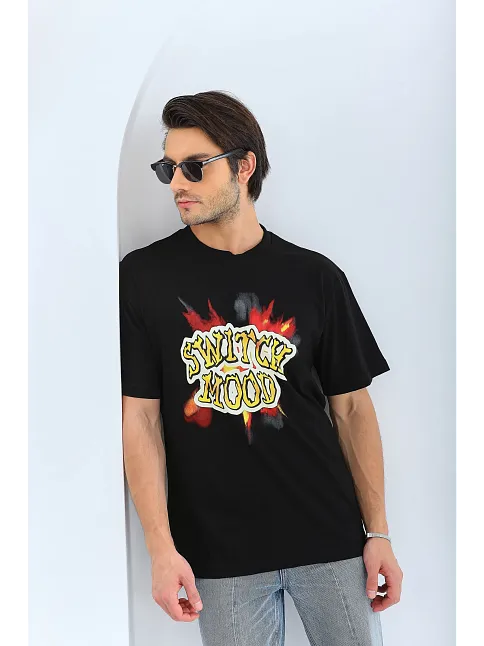 Erkek Kısa Kol Yazlık Tişört Bisiklet Yaka Baskılı Oversize T-shirt - Siyah